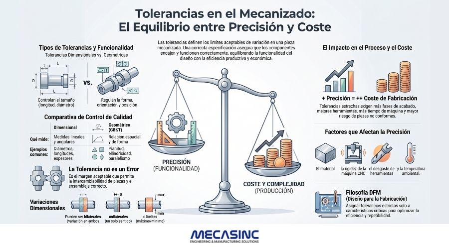 Infografía sobre tolerancias en mecanizado de piezas, precisión y coste de fabricación