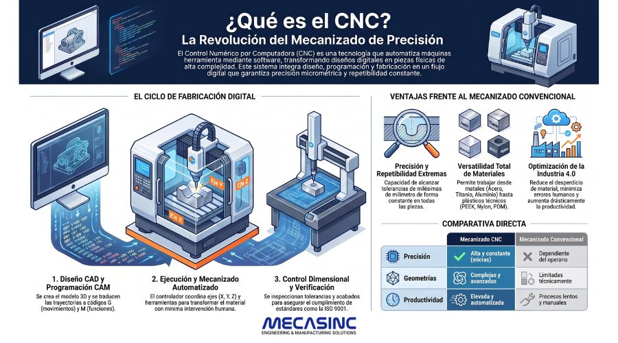 Infografía sobre qué es el CNC, cómo funciona y sus ventajas en el mecanizado de precisión